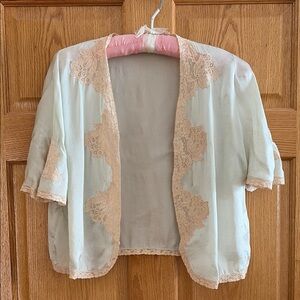 Vintage silk lace bed jacket, seafoam color